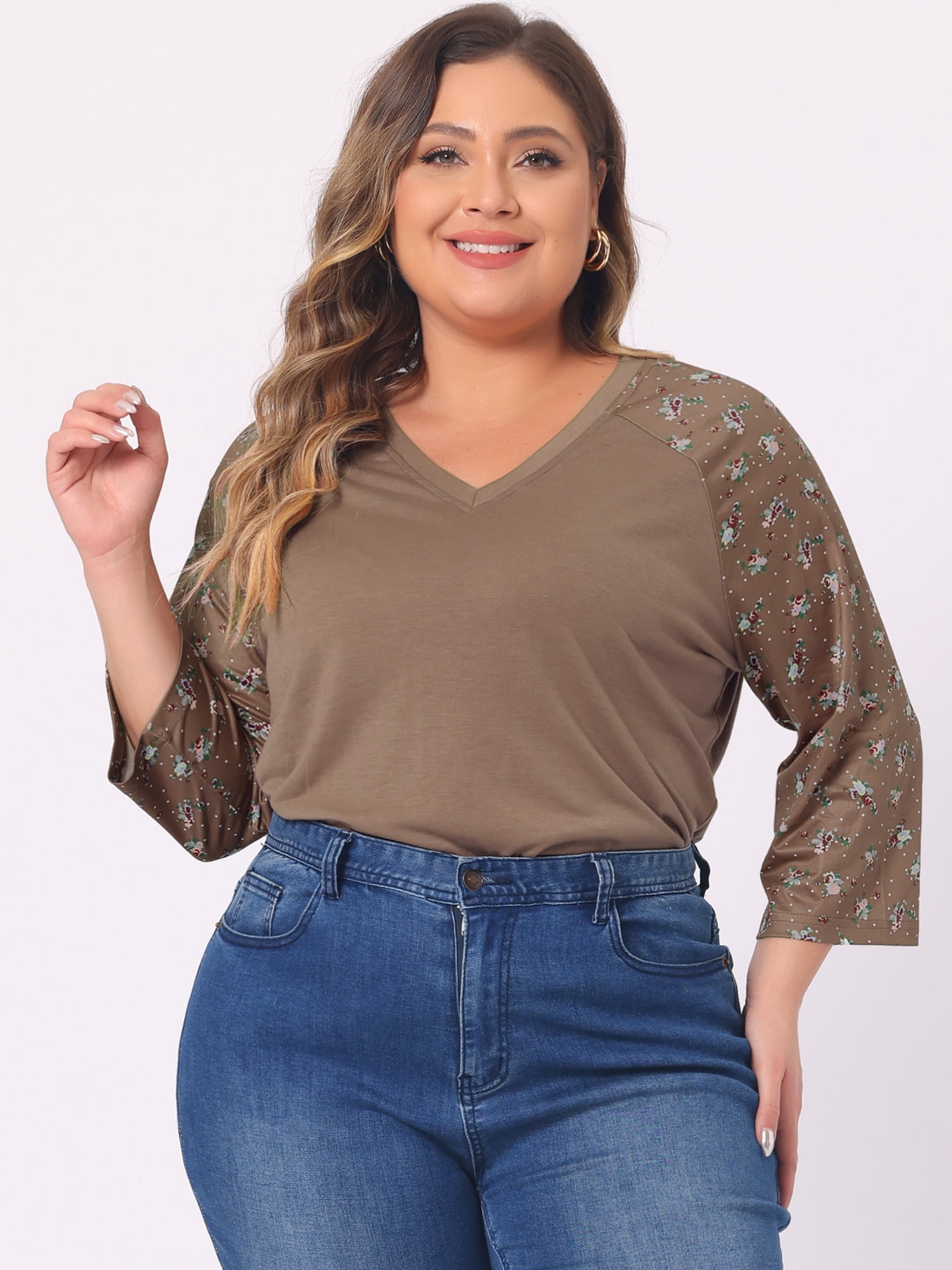 DARING DIVA Women's Plus Tops Casual Floral V Neck Spring Raglan Top 3X Brown