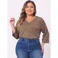 thumbnail image 2 of DARING DIVA Women's Plus Tops Casual Floral V Neck Spring Raglan Top 3X Brown, 2 of 6