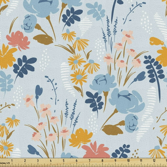 Botanical Fabric by the Yard, Abstract Nature Themed Tender Pastel Flowers and Herbs Repetition, Decorative Upholstery Fabric for Chairs & Home Accents, Pale Blue Multicolor by Ambesonne