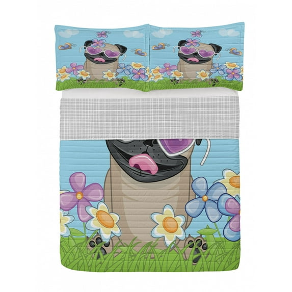 Pug Reversible Bedspread Set, Puppy on the Field Flowers Butterflies Heart Shaped Clouds Open Sky, Pillow Shams & Comforter Microfiber Bedding Set, 3 Sizes, Sky Blue Multicolor, by Ambesonne