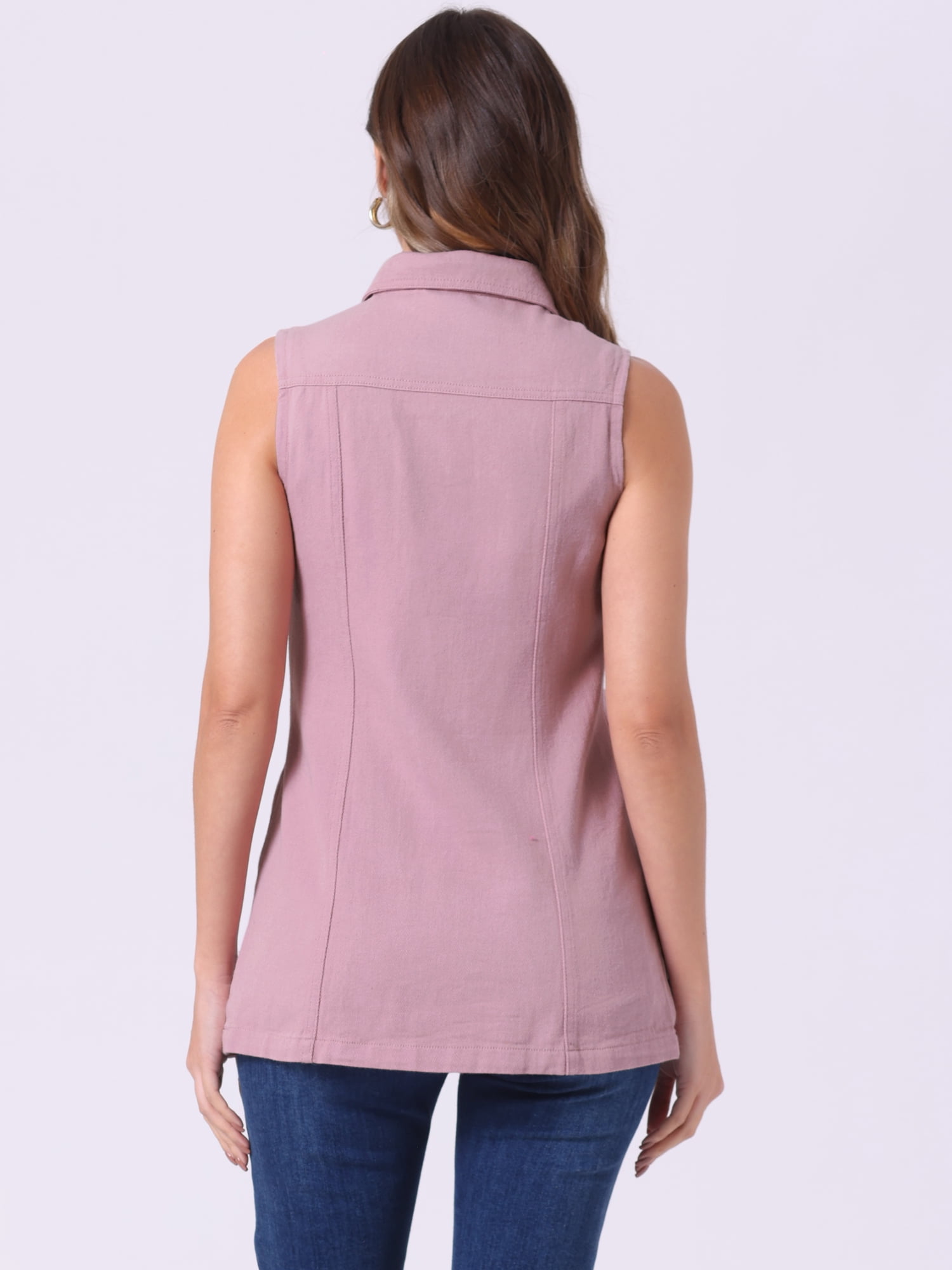 DARING DIVA Women's Button Down Sleeveless Pockets Mid-Long Denim Vest XS Pink