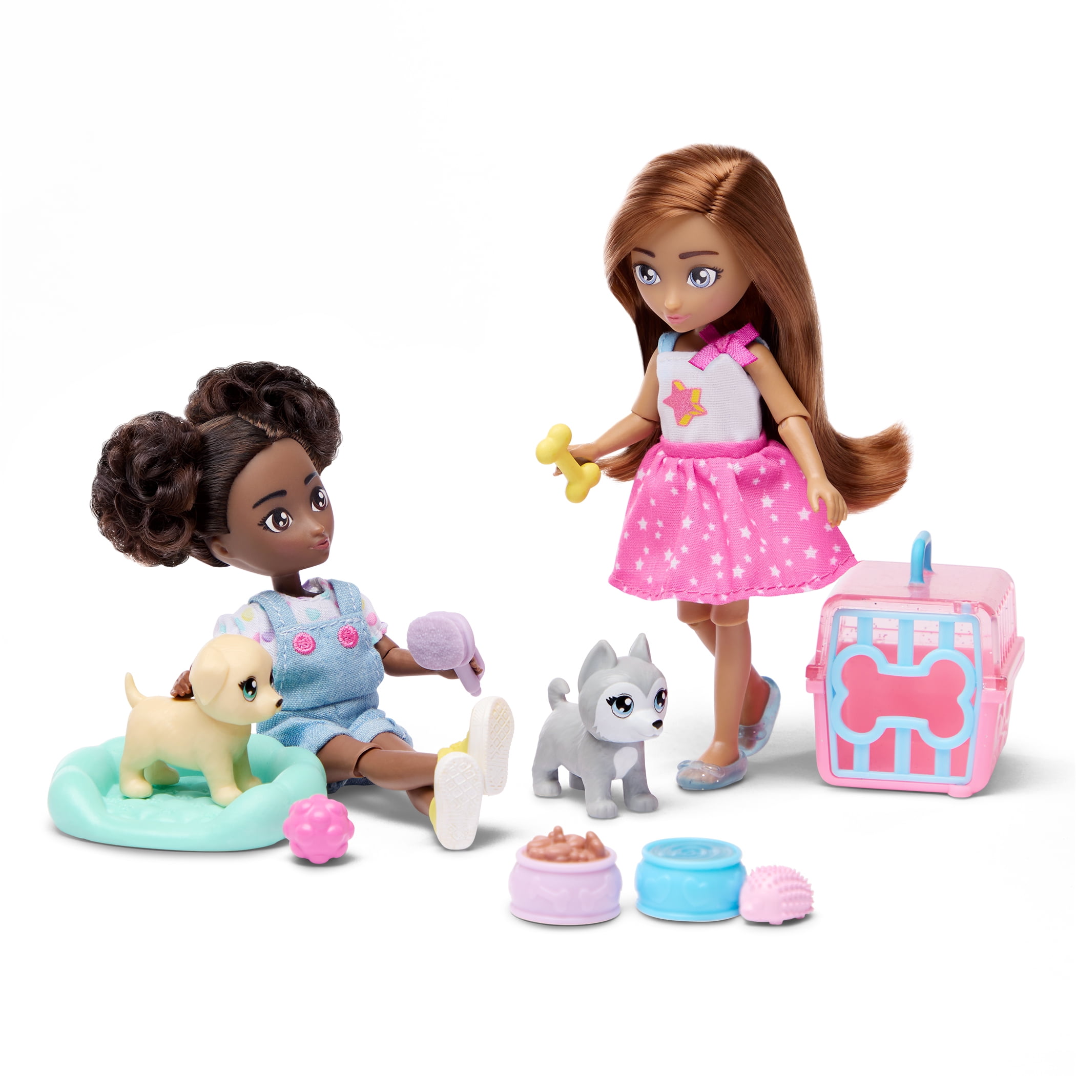 Hey Bestie Isa & Evie 18 Piece Set of 2 (5.5-inch) Mini Dolls with Toy Dogs & Pet Accessories, Kids Ages 3 & Up