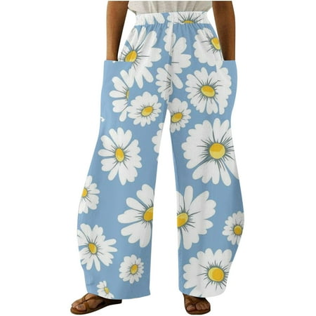 

PIMOXV Wide Leg Pants for Women Summer High Waist Elastic Color Feather with Pockets Full Length Pant Skull Pajama Pants