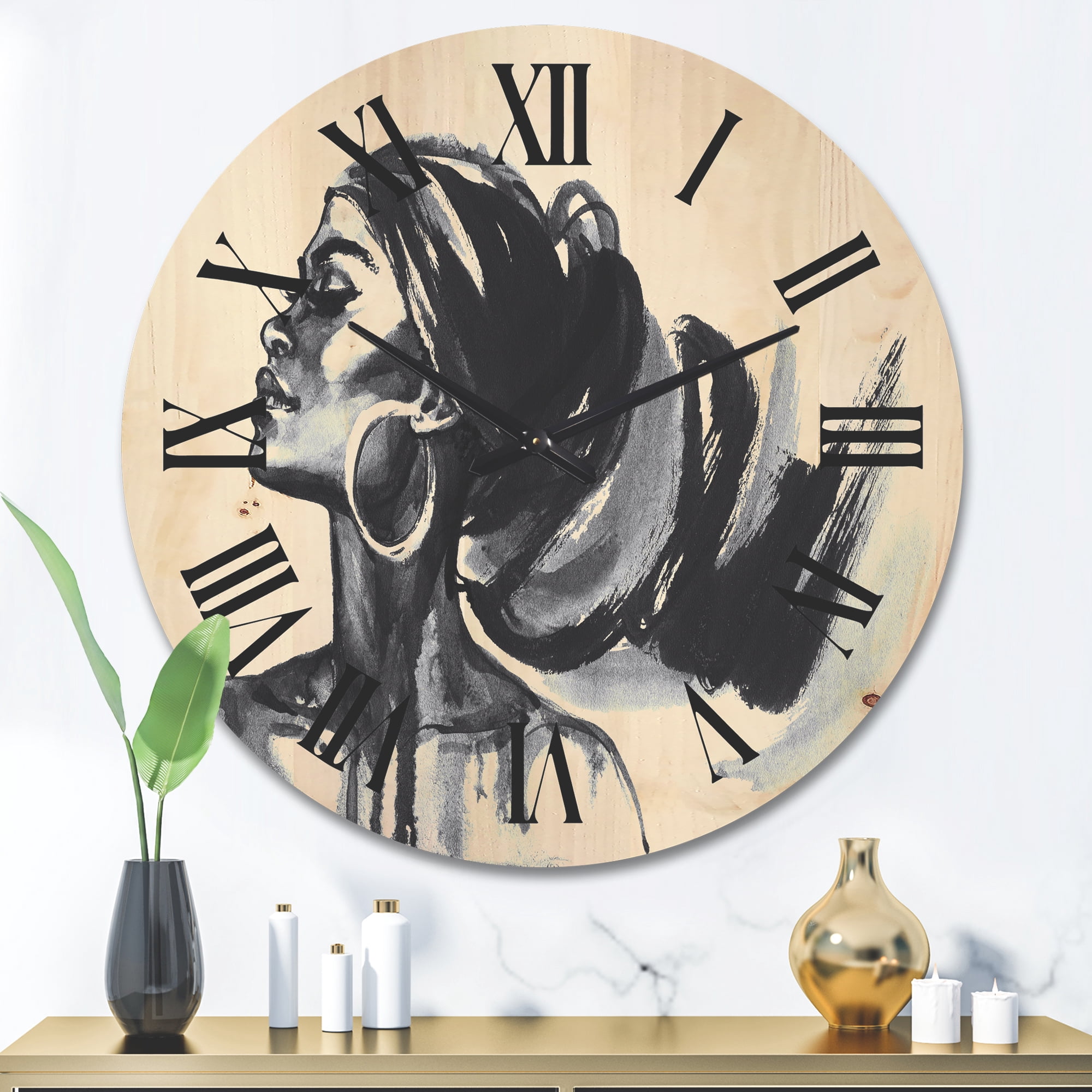 Designart 'Black and White Portrait of African American Woman IV' Modern Wood Wall Clock