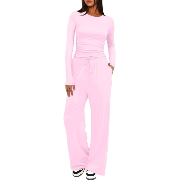 Conjuntos de 2 Piezas para Mujer, Conjuntos de Otoño, Chándales de Larga y Pierna , Conjuntos Casuales para Estar en Casa, Conjuntos A Juego. Rosa XL