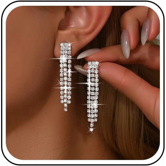 Vintage Crystal Chandeliers Drop Earrings Silver Rhinestone Dangle Earrings Silver Cz Paved Tassel Chain Earrings Wedding Chandelier Earrings Jewelry for Women