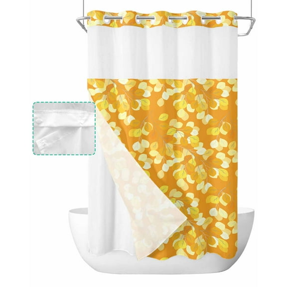 No Hook Shower Curtain with Snap in Liner, Simple Yellow Golden Leaves Yellow Hotel Shower Curtains for Bathroom, Washable Shower Curtain Liner Set with Mesh Top Window, 54"x78"