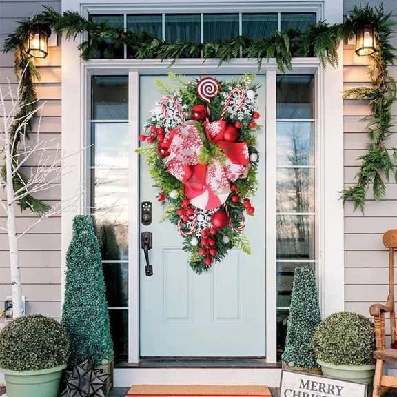 Christmas Candy Upside Down Wreath Garland Door Hanging Ornament, Xmas Wall Party Decor, Holiday Tree Decoration for Home, Door, Window, Family Party Supplies
