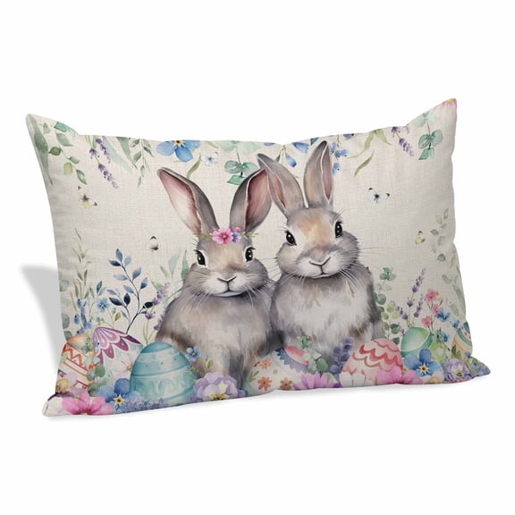 Bunny Easter Pillow Covers, Linen Long Throw Pillow Case, Eucalyptus Leaves Spring Floral Eggs Rustic Holiday Pillow Protector Decorative Cushion Cover for Living Room/Bedroom 20" x 30"