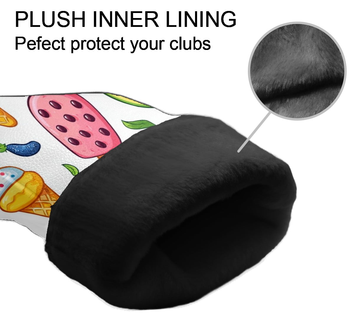 Golf Club Covers PU Leather Waterproof Head Covers for Fairway Woods Hybrids Fruit Ice Cream Pattern Unisex Fits Most Brands