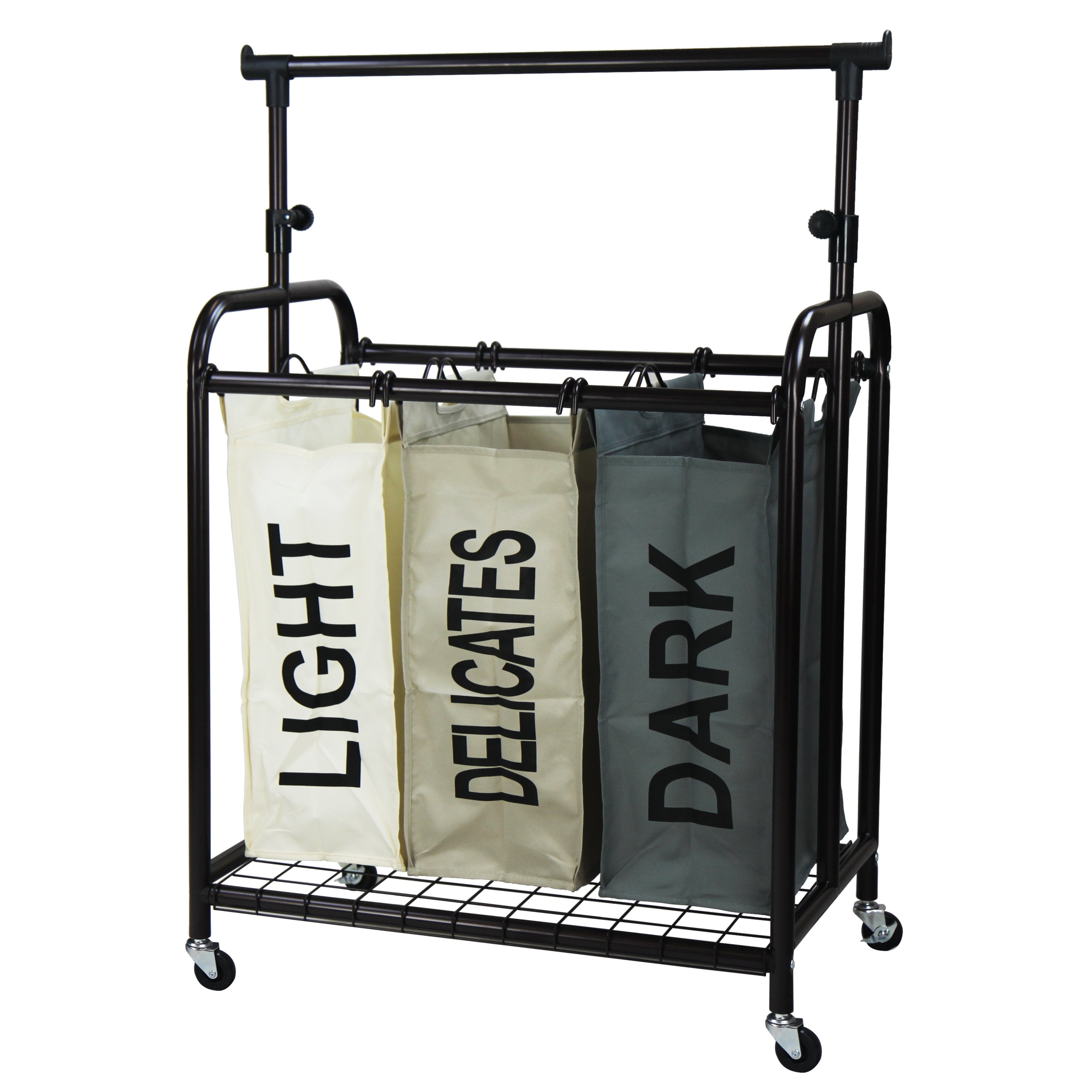 Oceanstar 3Bag Rolling Laundry Sorter with Adjustable Hanging Bar