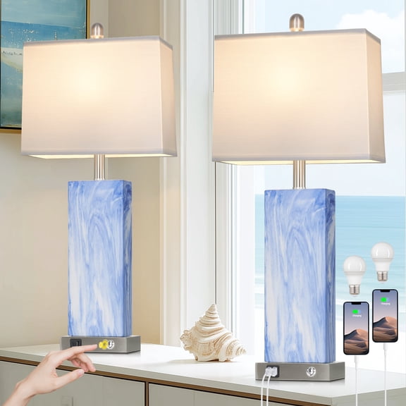 Cinkeda 28.5" Table Lamps Set of 2 Coastal Blue Ceramic Bedside Lamp with USB C A Ports for Living Room Bedroom Nightstand