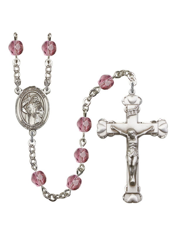 St Ursula Center Ursula Rosary with 6mm Crystal Color Fire Polished Beads Silver Finish St and 1 5/8 x 1 inch Crucifix Gift Boxed