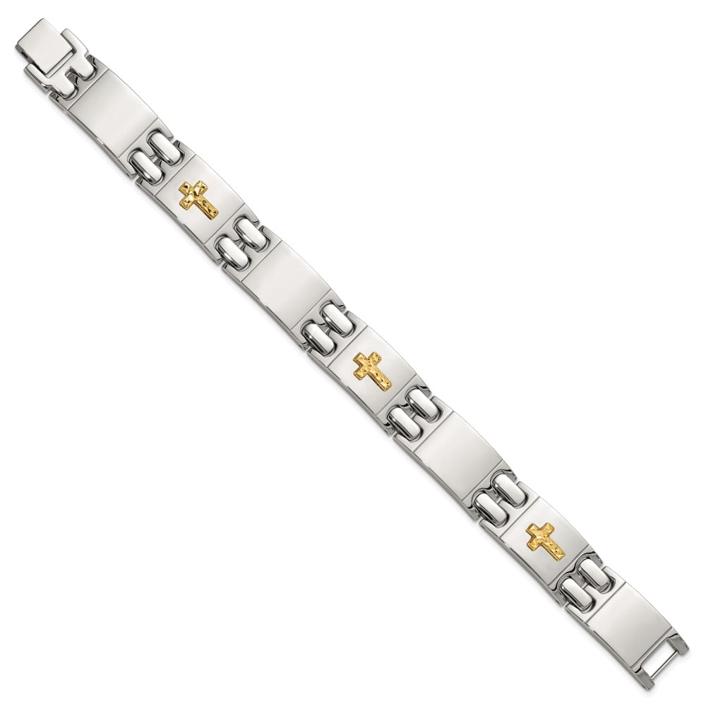 Diamond2Deal Stainless Steel Polished with Diamond-Cut 14K Gold Accent Cross Link Bracelet for Men 8"