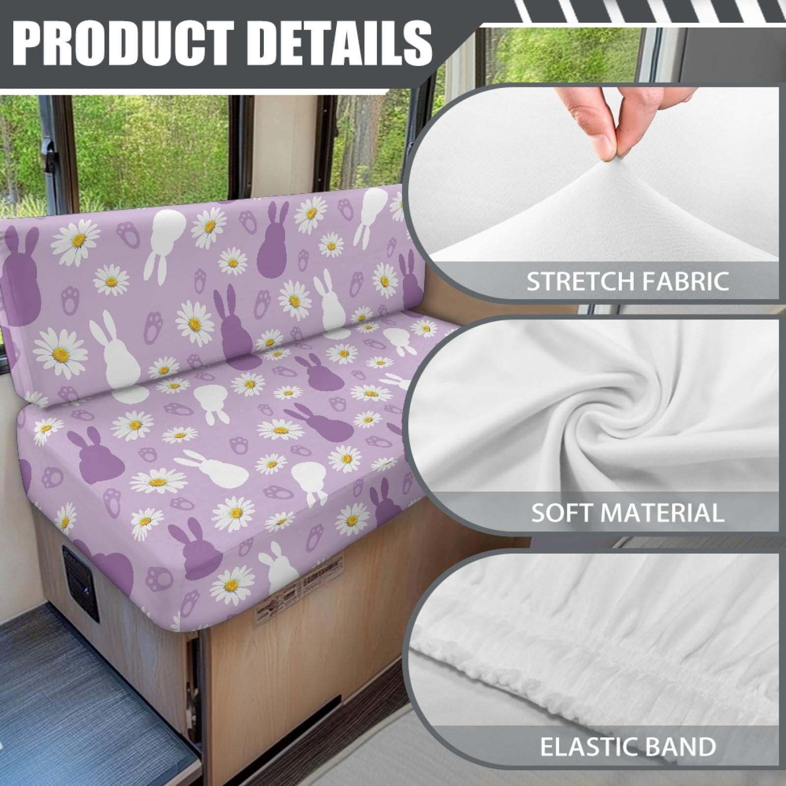 FOR U DESIGNS Bunny Daisy Print 2 Pcs RV Dinette Cushion Covers Non-Slip Camper Seat Covers Dinette Booth Stretch Sofa Furniture Protector Sofa Slipover for Travel Trailer Couch