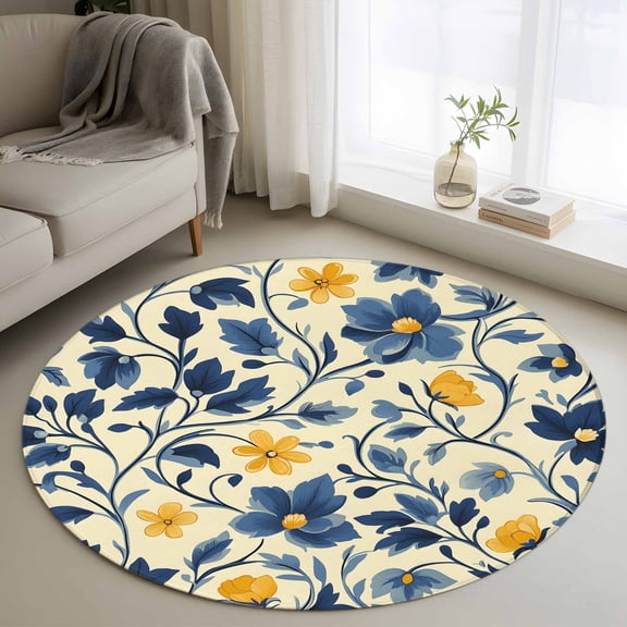 Round Rugs 4Ft, Spring Botanical Art Round Area Rug Washable Indoor Throw Carpet, Spring Floral Summer Flower Soft Non Slip Circle Rug for Kitchen Nursery Room Home Decor Aesthetic