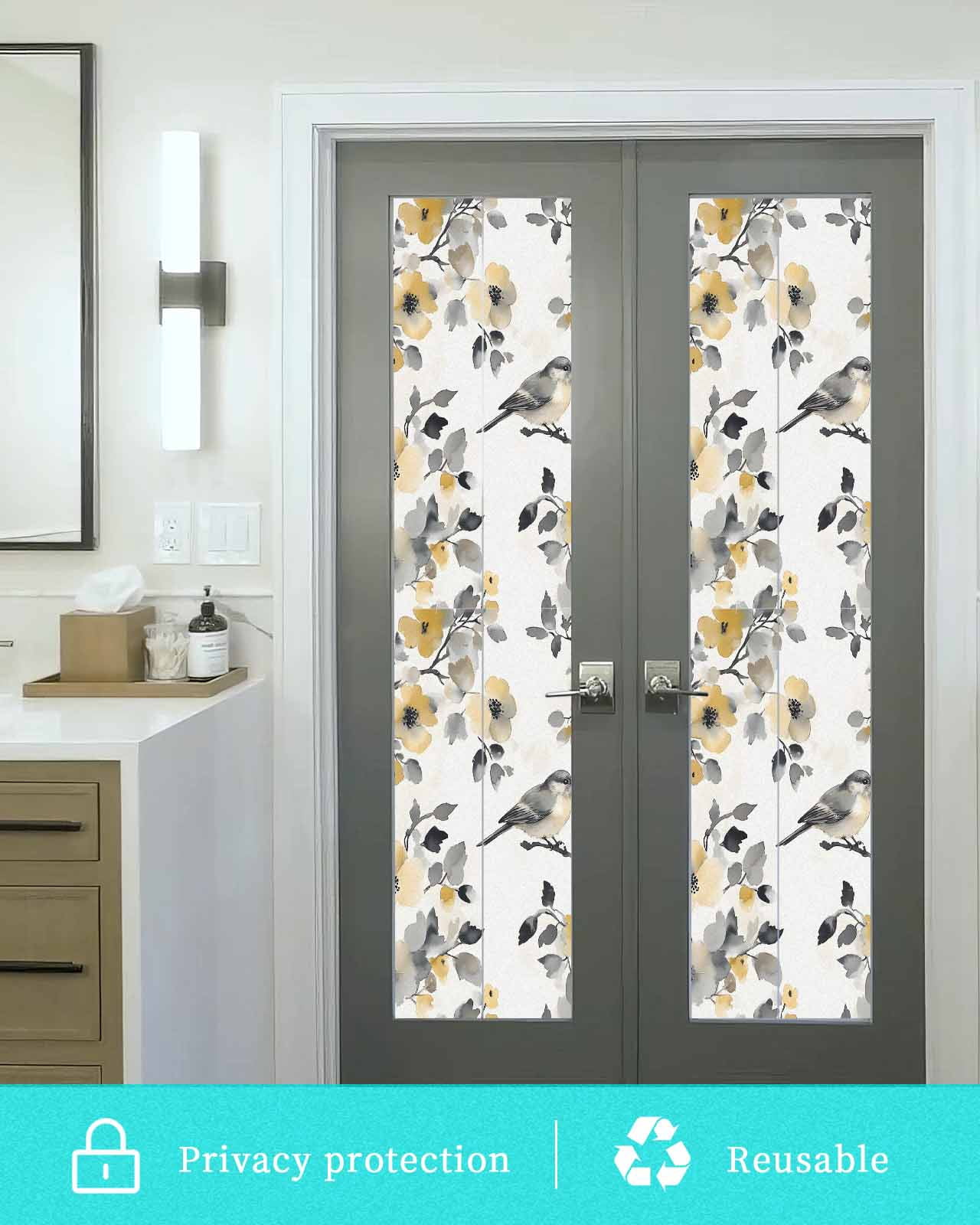 Window Privacy Film Yellow Grey Botanical Stained Glass Window Film Decorative Sun Block Window Cover Spring Floral Birds Retro Summer Window Clings Static Adhesive Sticker for Bathroom 23.6"x78.7"