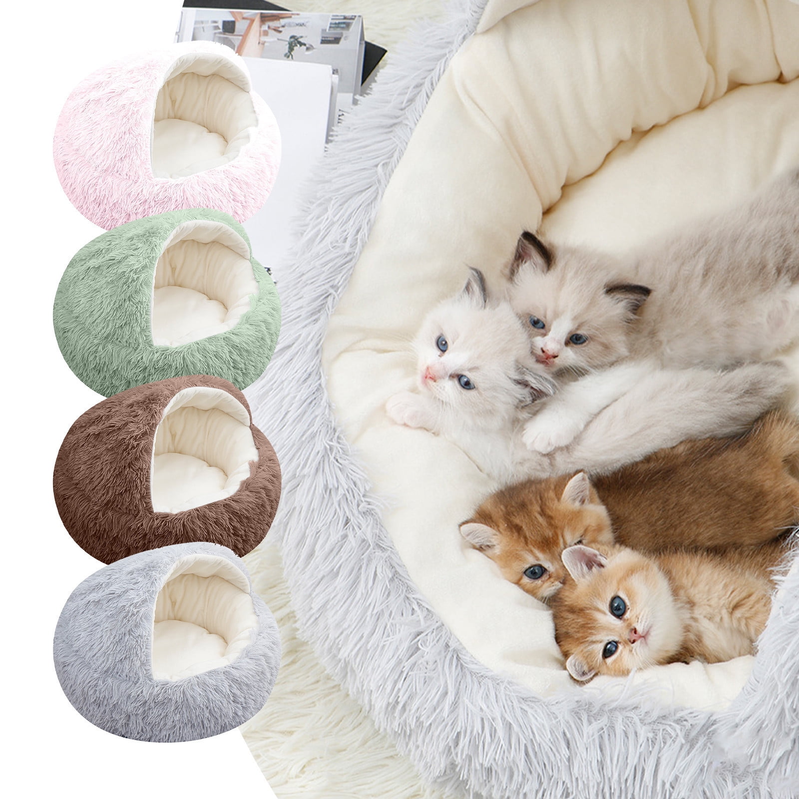 XEOVHV Calming Dog Beds & Cat Cave Bed with Hooded Cover,Removable Washable Round Beds for Small Medium Pets,Anti-Slip Faux Fur Fluffy Coved Bed for Improved Sleep,Fits up to 15/25 lbs(Medium,24"x24")