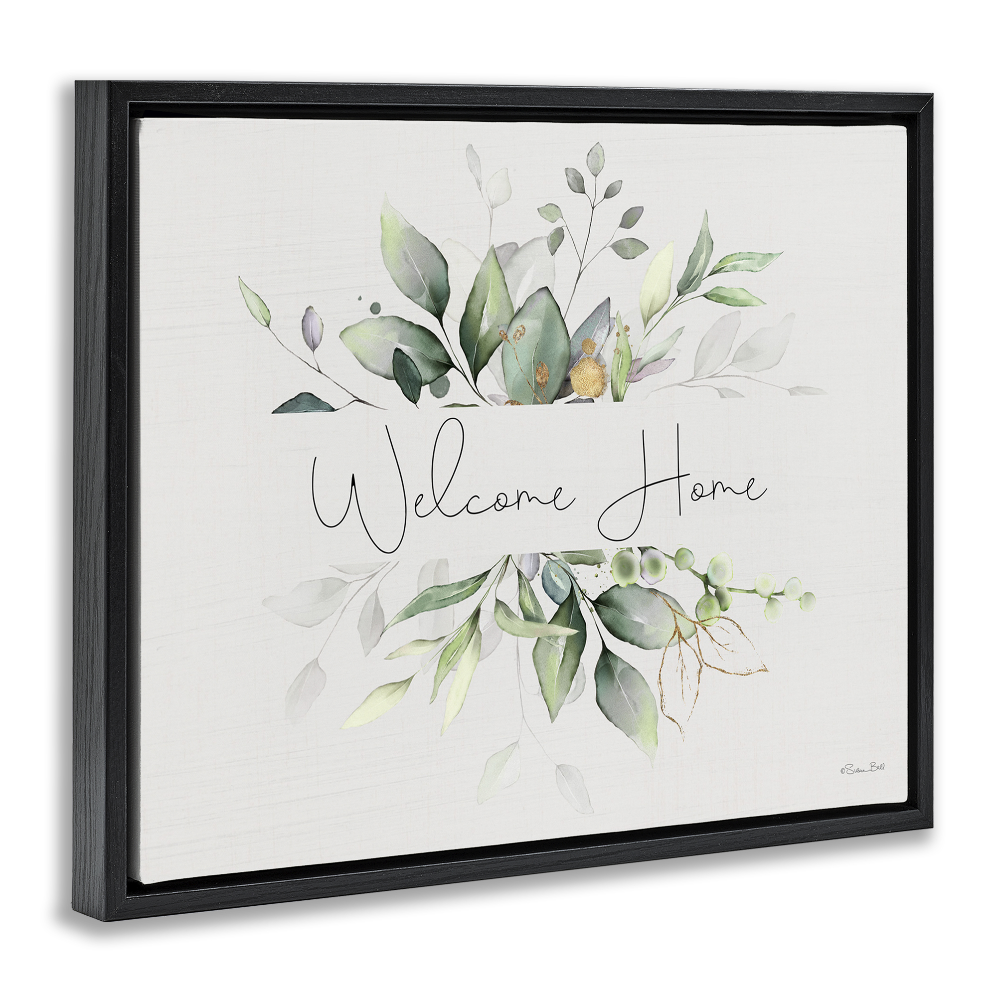 Stupell Industries Soft Leaves Welcome Botanical & Floral Painting Black Floater Framed Canvas Art Print Wall Art, 31 x 25