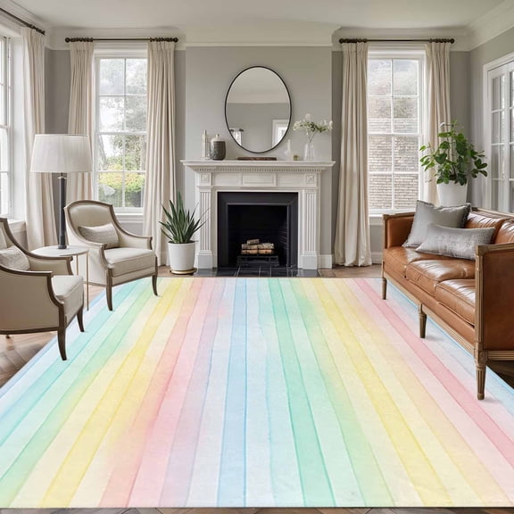 Colorful Striped Area Rugs 6'x9', Washable Small Throw Rugs for Kitchen Dining room, Farmhouse Vertical Striped Watercolor Indoor Outdoor Rug Non-Slip Low Pile Carpet Runner Reversible Floor Mats