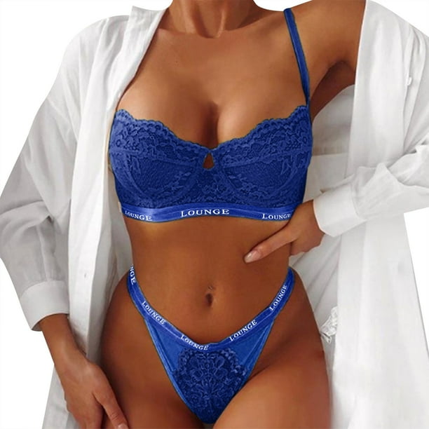 Gibobby Lencería sexy para mujer Conjunto de lencería de Encaje para Mujer con Cinturones de Liguero, Sujetador y Bragas, sostén y Tanga(Azul, M)