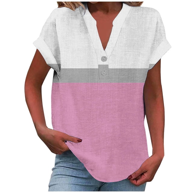 fatyb Womens Printed V Neck Tops Short Sleeve Button V Neck Tshirts Lightweight Summer Beach Blouses