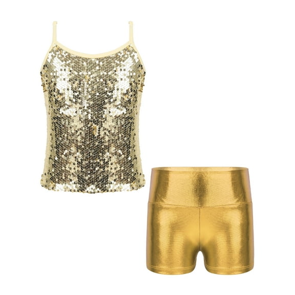 iiniim Kids Girls Jazz Latin Modern Hip Hop Dance Costume Sparkly Tank Top Camisole Vest Shirt with Shorts Gold 6