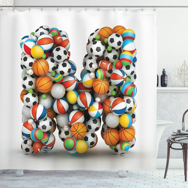 Ambesonne Letter M Shower Curtain, Alphabet Sports Balls, 69"Wx70"L, Multicolor