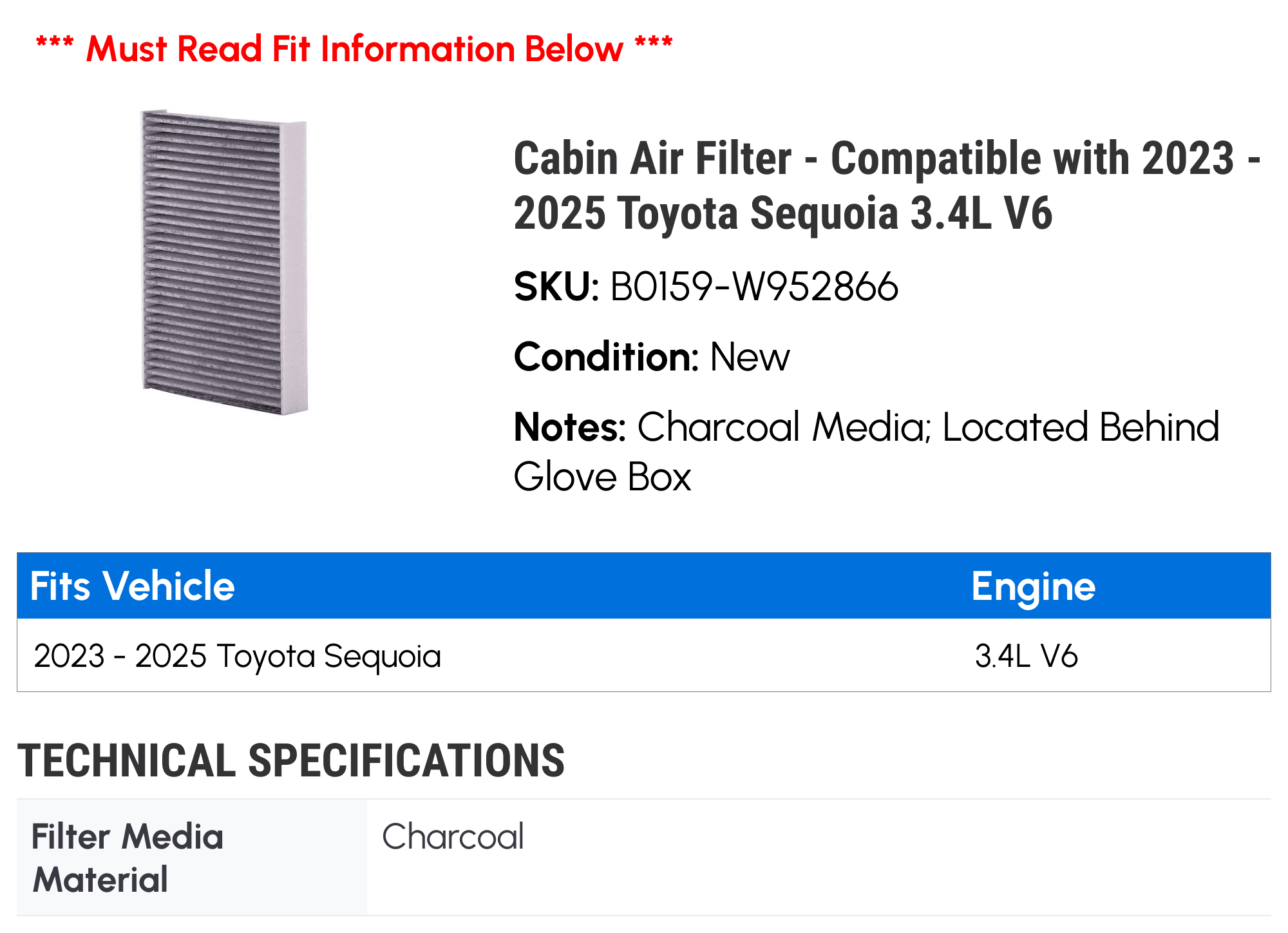 Cabin Air Filter - Compatible with 2023 - 2025 Toyota Sequoia 3.4L V6 2024