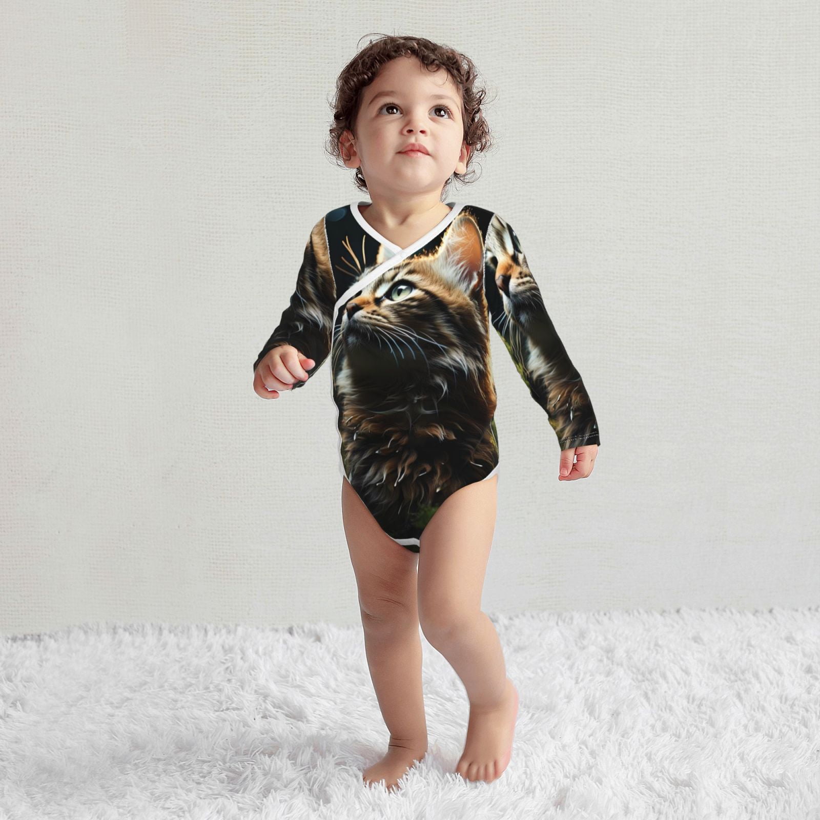 Xecao Realistic Style Cute Cat Print Baby unisex-baby Cotton Long-sleeve Bodysuits-2 Years