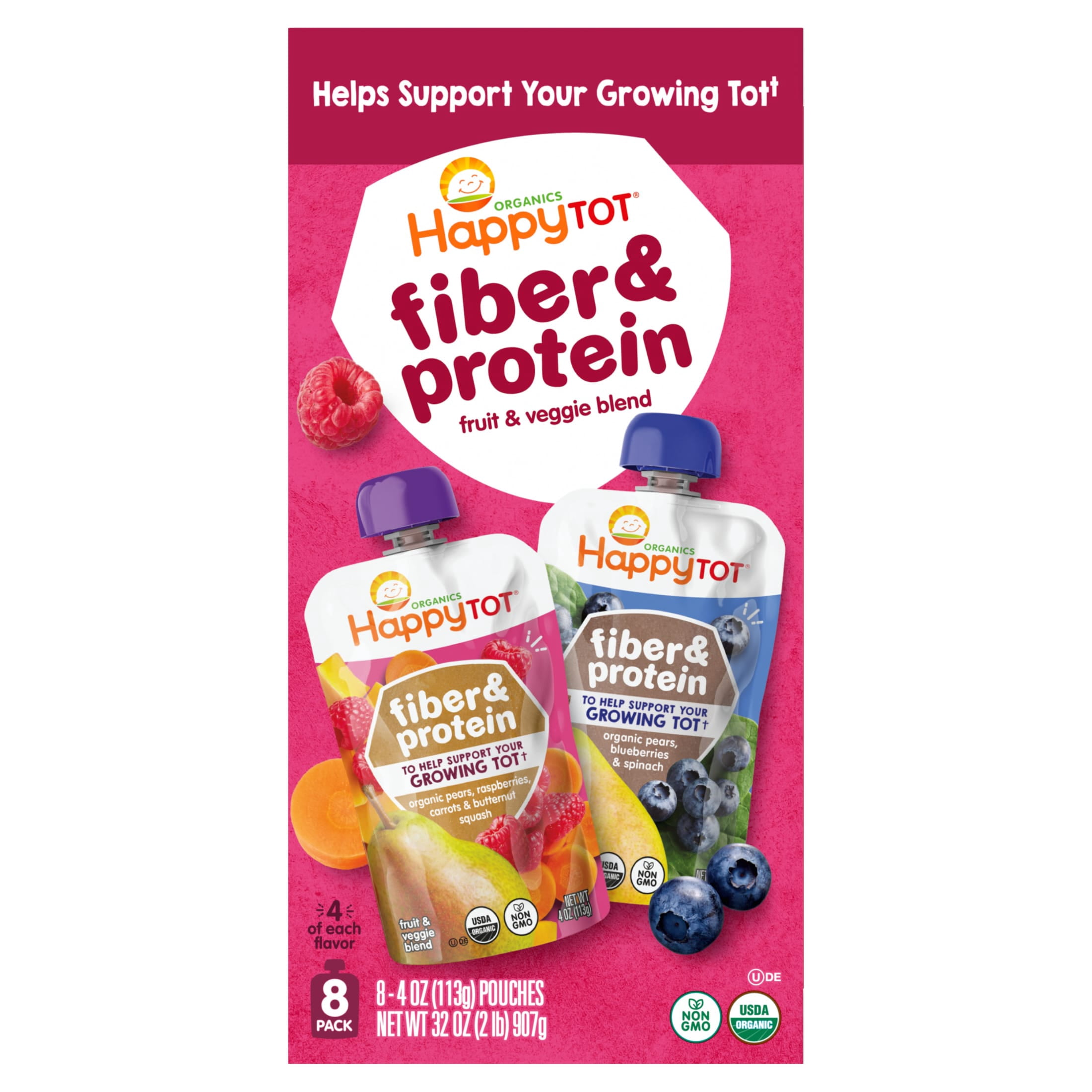 Happy Tot Organics Fiber & Protein Stage 4, 2-Flavor Variety Pack Organic Tot Food, 4 oz (8 Pouches)