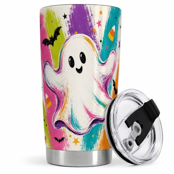 Colorful Brush Ghost 20oz Tumbler, Playful Halloween Drinkware 20oz tumbler with smiling ghost, bold brush strokes, candy corn, bats, stars, and bright Halloween artwork