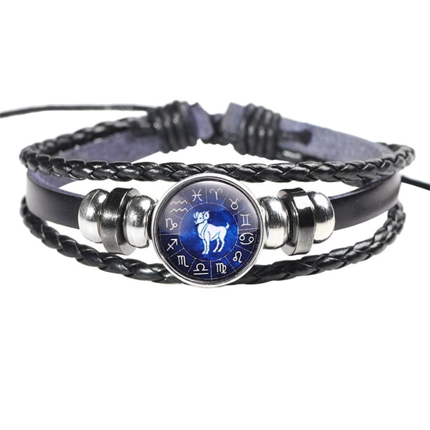 Moda Hombres Mujeres Constelación 12 Signo del Zodiaco Pulseras Punk Tejido de cuero