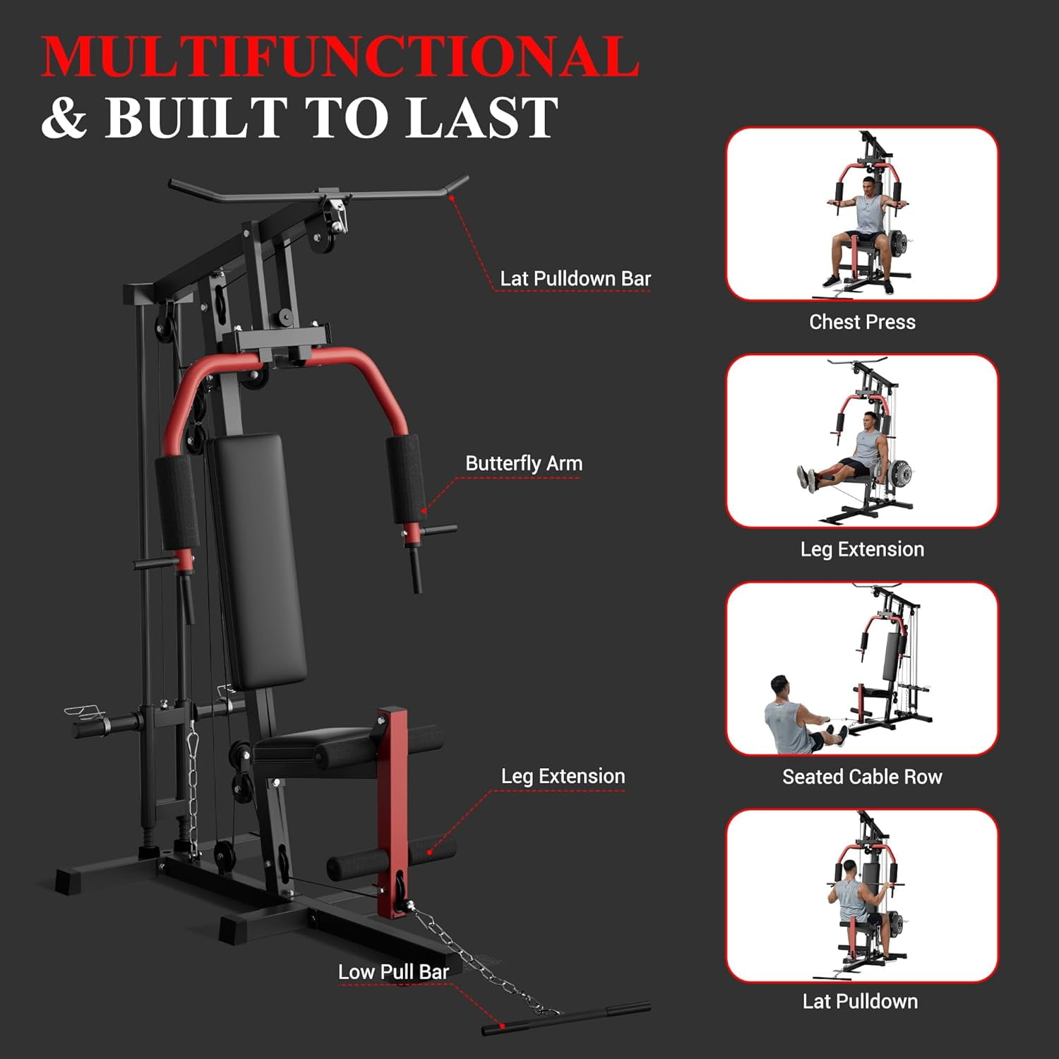 Lumiparty Home Gym System with Leg Press & Cable Pulley, Full-Body Strength Workout Equipment for Weight Plates 1"&2" (Plates Not Included), Black & Red