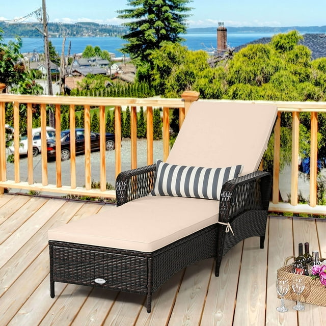 Costway Chaise Longue Inclinable en Rotin PE avec Accoudoirs, Coussin Réglable, Brun Mélangé, Beige