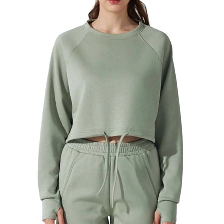FYEGRE Women s Comfortable Crew Neck Sweatshirt Sports Fitness Yoga Wear Casual Versatile Top Loose Long Sleeve Pilates Drawstring Light Green L