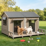 PETSCOSSET 59''L Extra Large Wooden Dog House Outdoor, Weatherproof XL Dog Shelter with 2 Doors, Chew‑Proof Iron Frame, Openable Roof & 2 Windows, for Small to Medium Dogs