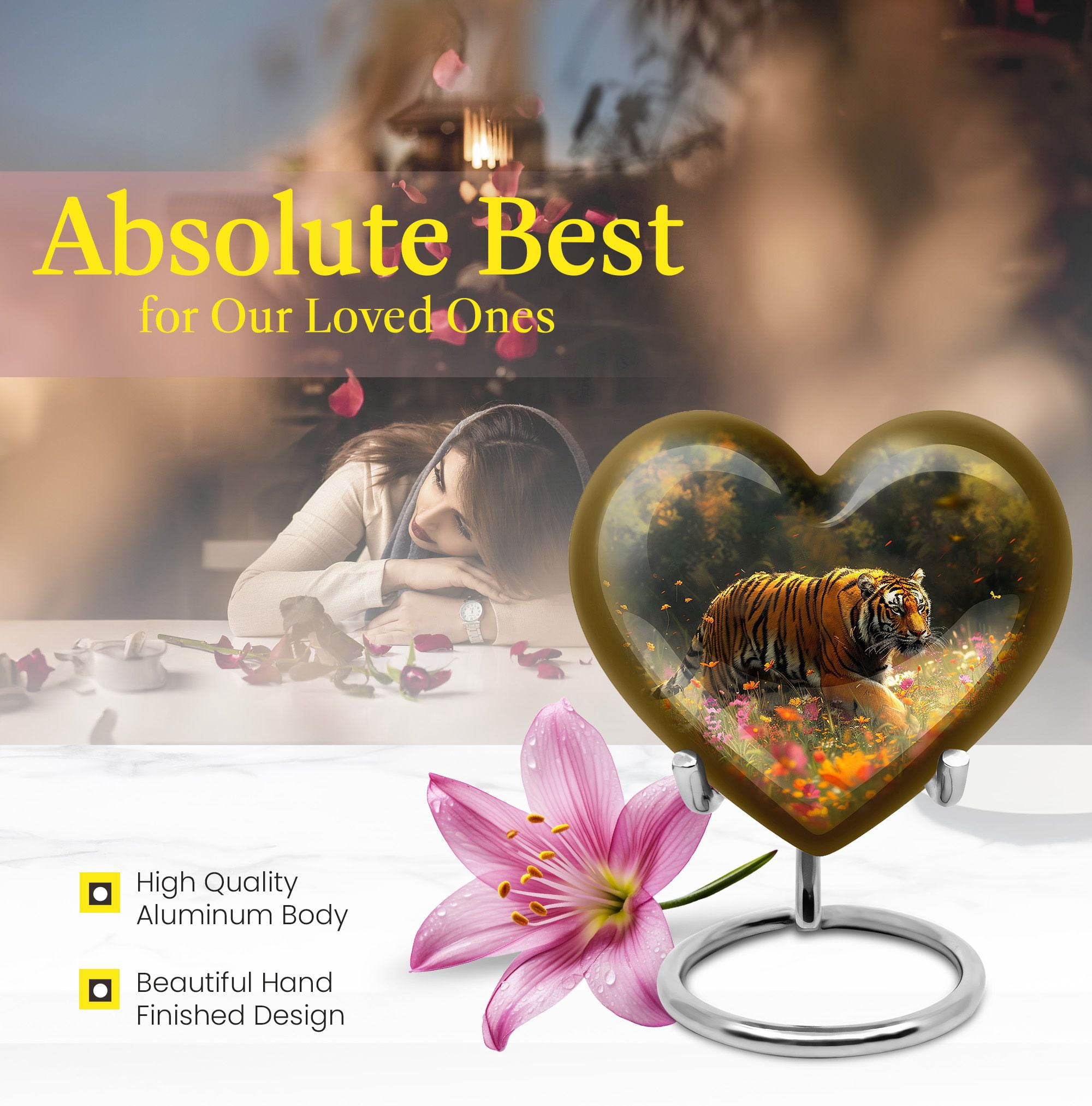 Floral Tiger Cremation Urn For Human Ashes, Large Heart Urns For Human Ashes Adult Male, Burial Urns For Adult Human Ashes, Heart Urn, Decorative Urn, Ash Holders For Human Ashes 8 Inch