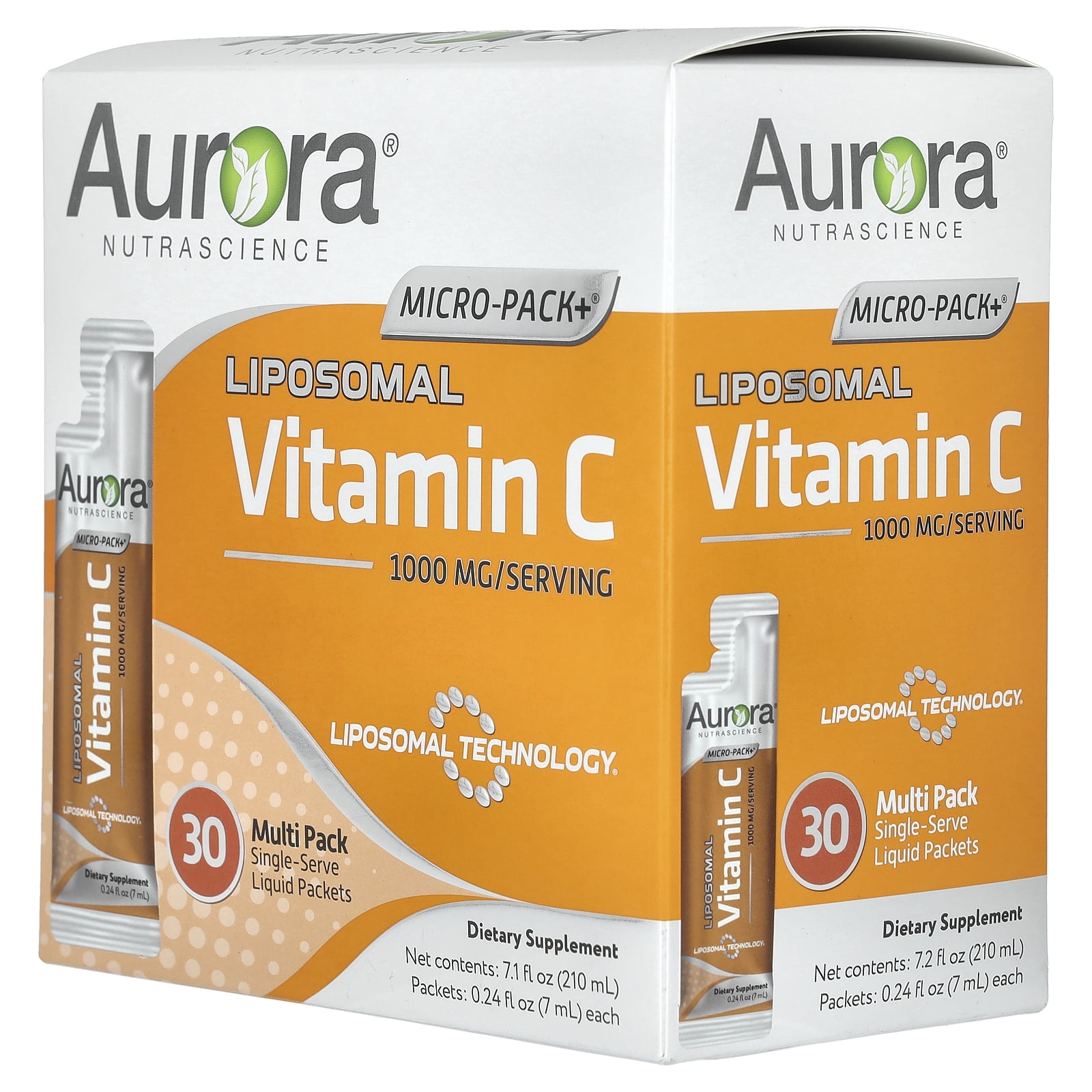 Aurora Nutrascience Micro-Pack+ Liposomal Vitamin C, 1,000 mg, 30 Single-Serve Liquid Packets, 0.24 fl oz (7 ml) Each