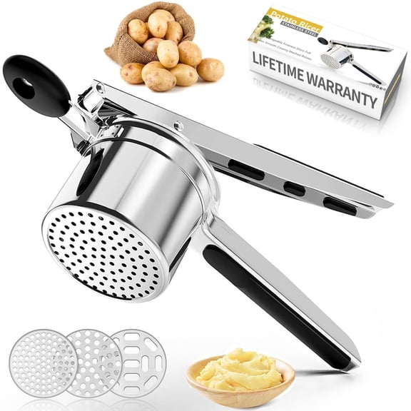 YMWVH 15-Ounce Potato Ricer & Masher - Heavy-Duty Stainless Steel with 3 Discs, Large Mashing/Rice-Making Kitchen Tool