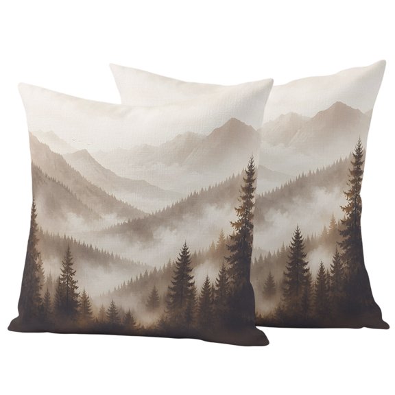 Brown Mountains Landscape Outdoor Pillow Covers 18x18 Set of 2, Waterproof Patio Throw Pillowcase Protectors, Modern Misty Pine Forest Square Decorative Pillow Shams Cushion Covers for Seat Bed Couch