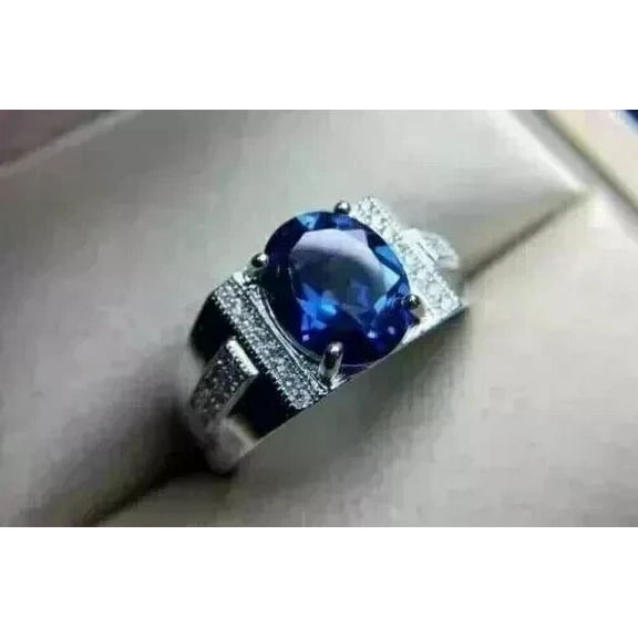 3.00Ct Oval Cut Simulated Blue Sapphire Diamond Solitaire Wedding Pinky Men's Ring 14K White Gold Plated 925 Silver