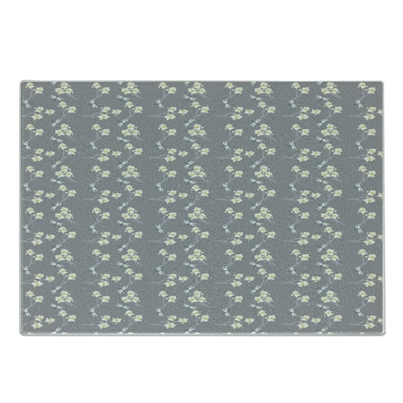 Flowers Insects Cutting Board, Spring Art Iris Flowers and Dragonflies on Greyscale Background, Decorative Tempered Glass Cutting and Serving Board, in 3 Sizes, by Ambesonne