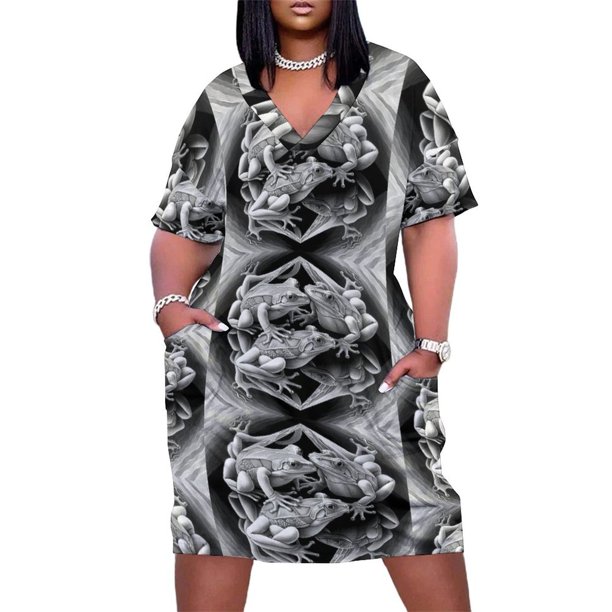 Escher Inspired-ranas entrelazadas dibujo Digital vestido suelto con bolsillo papa pamenina verano vestidos