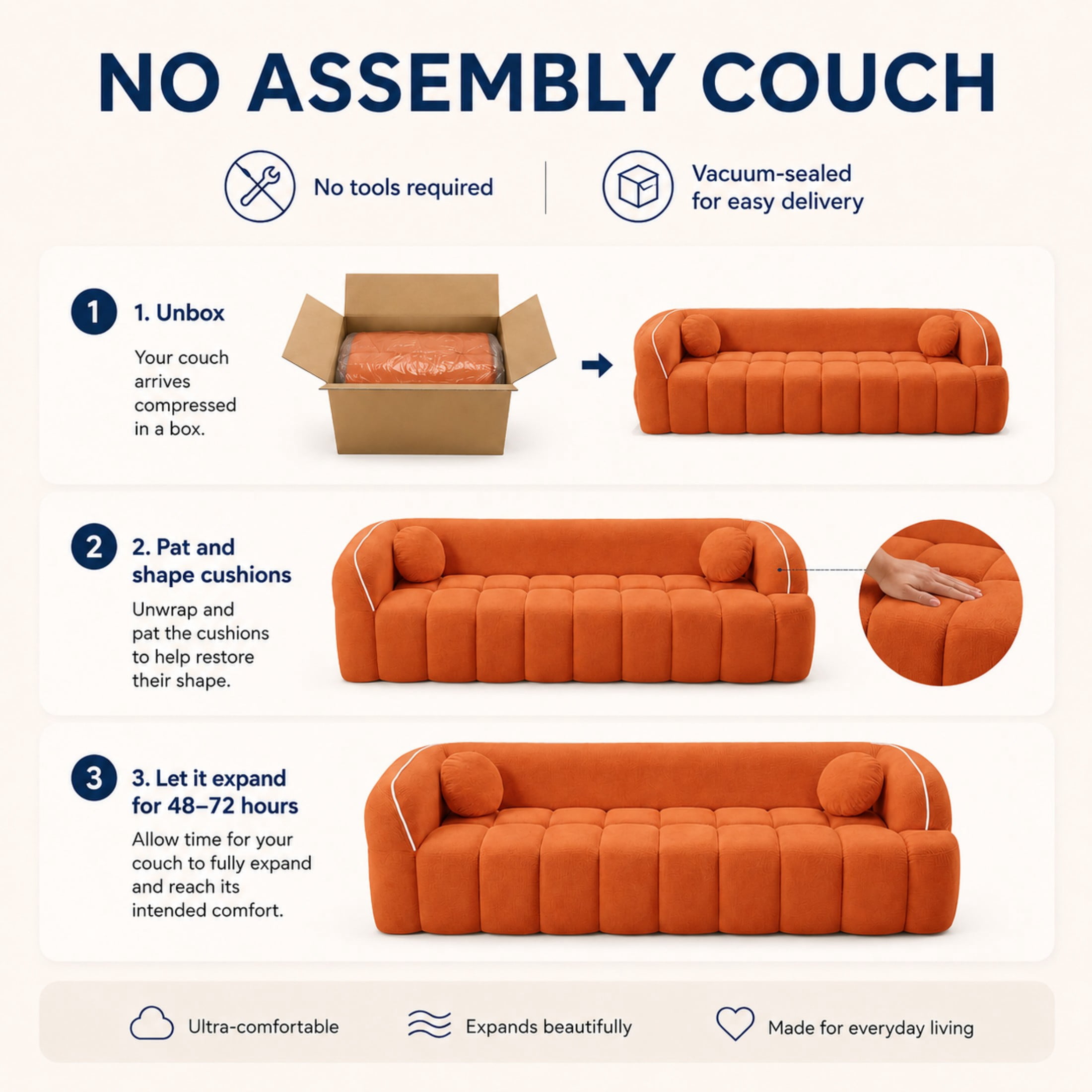 Aenkyo 99 Inch Corduroy Cloud Sofa Couch with Round Pillows, No Assembly, Orange