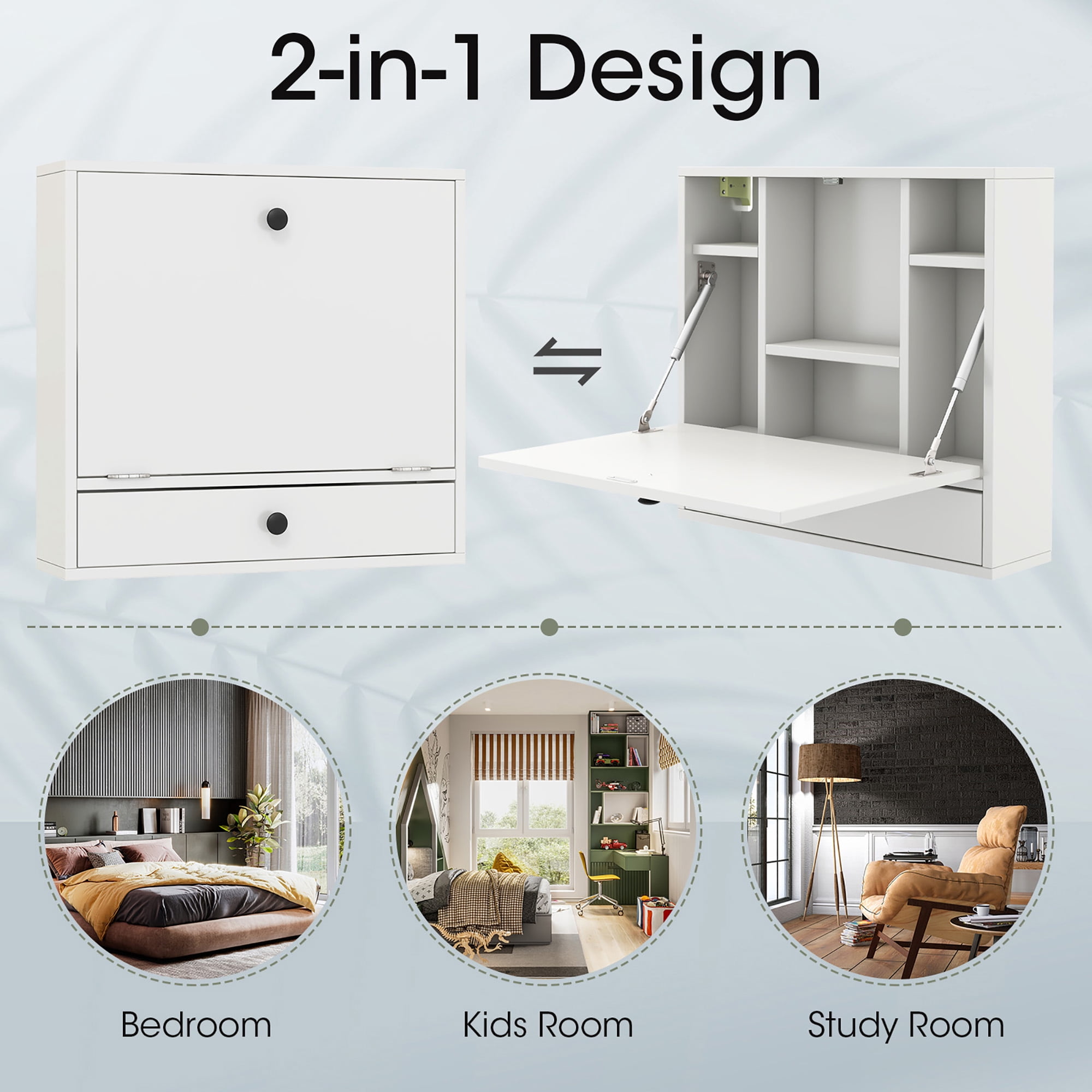 Gymax Wall-mounted Desk Floating Computer Workstation w/ Storage Shelves Home Office White