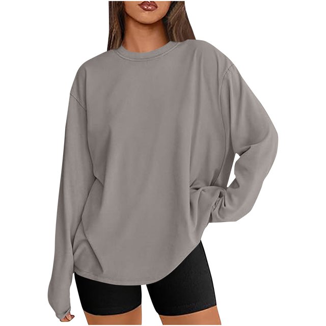 T-shirts Surdimensionnés pour Femmes Manches Longues Col Rond Chemise Décontractée Ample Tunique Couleur Unie Automne Basiques