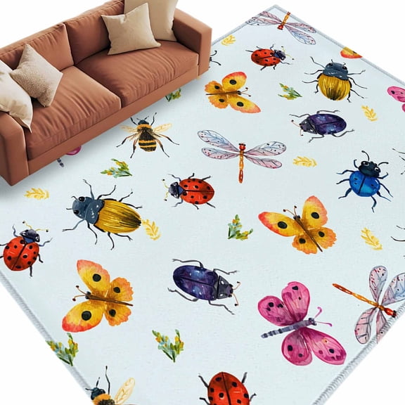 Cute Butterfly Dragonfly Area Rugs Collection 5'x7', Farmhouse Botanical Floral Blue Non Slip Indoor Rectangle Throw Runner Rug Floor Mat Carpet for Living Room Dining Table Bedroom Nursery