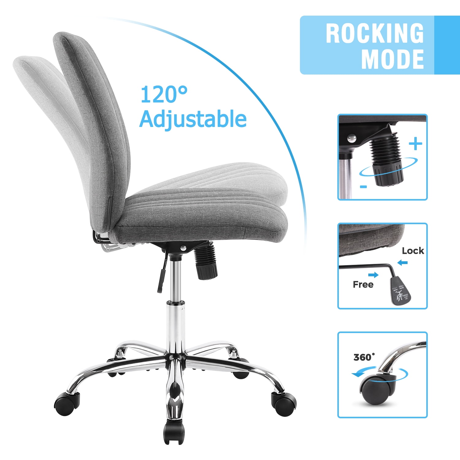 JOINSUN Mid-Back Vanity Chair, Adjustable Rolling Chair, Armless Modern Design for Home Office, Makeup & Small Spaces - Gray