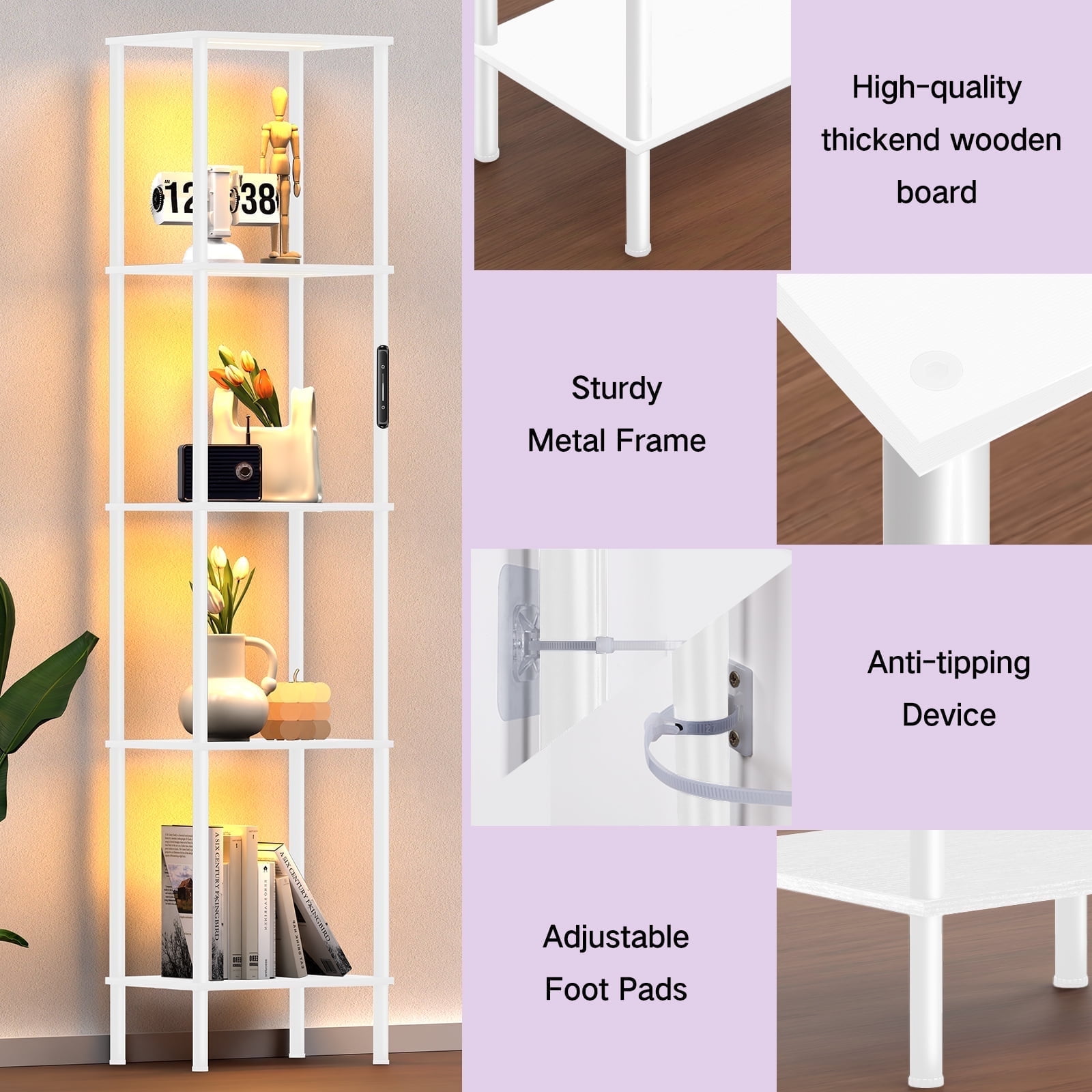 OUTONLIFE Display Shelf with LED Light Strip, 5-Tier Bookshelf, 66.5" Display Standing Shelf Units for Bedroom, Bathroom, Living Room, Kitchen, White